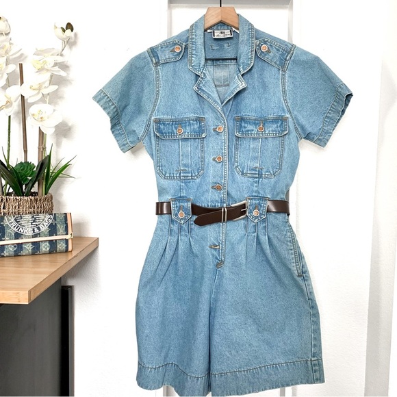Bill Blass Vintage 90’Blue Denim Stretch Waist Pleated Romper Jumper Sz Medium